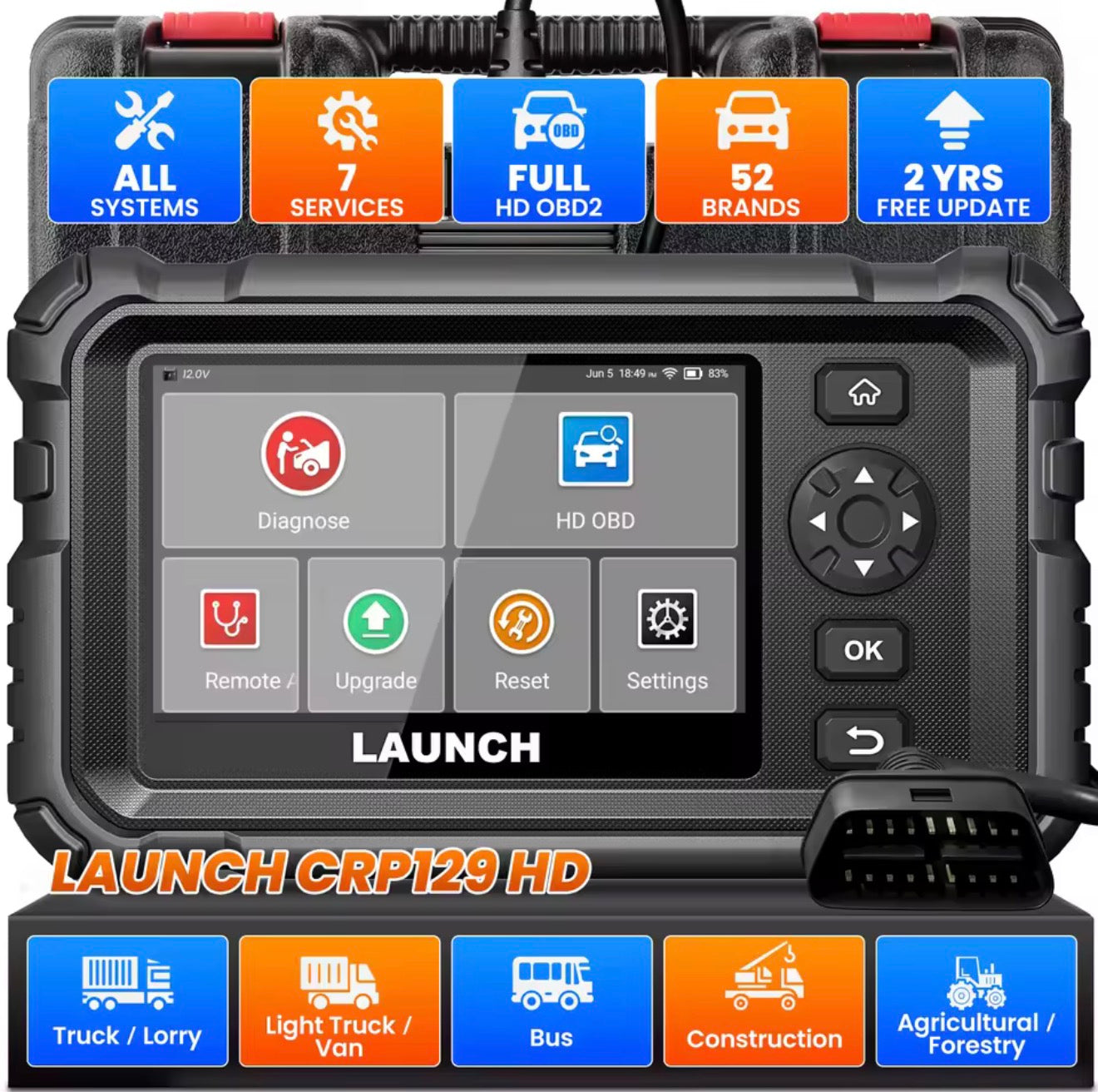 LAUNCH CRP129 HD Elite LKW-Diagnosegerät 24V OBD2 Scanner Vollsystem DPF-Reset Injektor LKW PKW