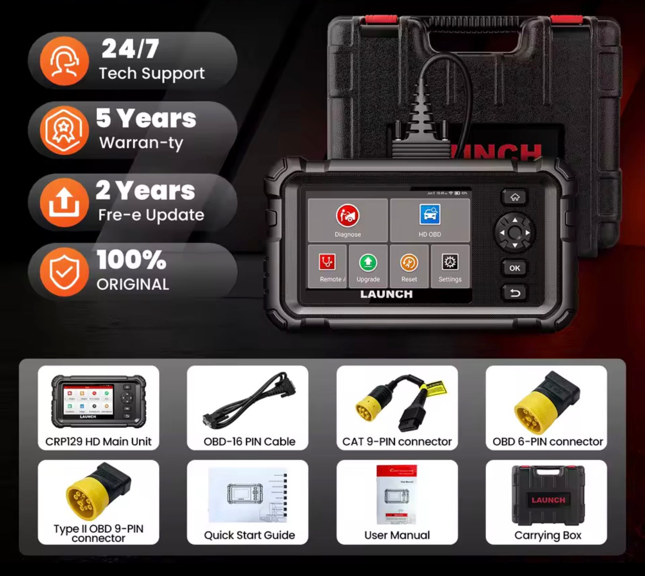 LAUNCH CRP129 HD Elite LKW-Diagnosegerät 24V OBD2 Scanner Vollsystem DPF-Reset Injektor LKW PKW