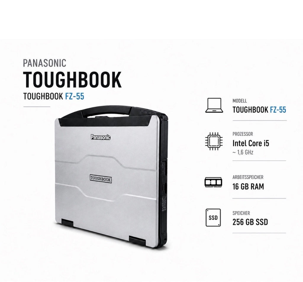 Panasonic Toughbook FZ55 MK1 Frontansicht zugeklappt freigestellt – Semi-Rugged Notebook Intel Core i5-8365U 16GB RAM Windows 11 für KFZ-Diagnose
