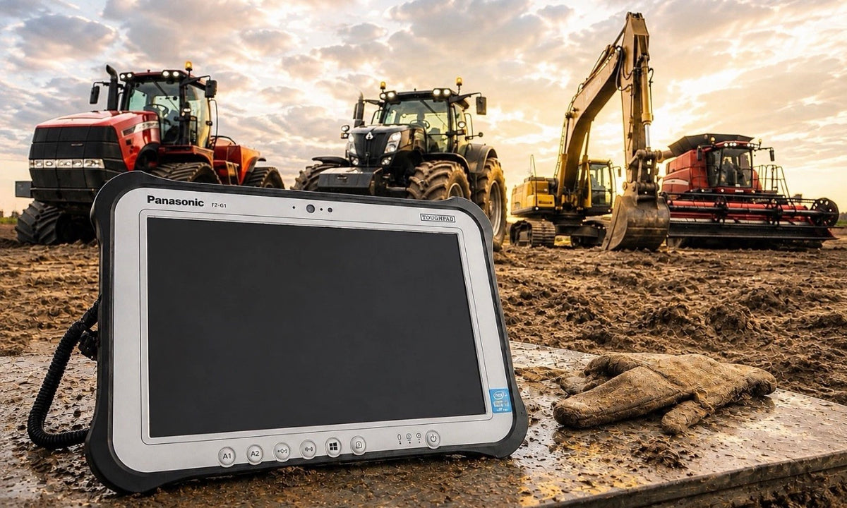 Panasonic Toughpad FZ-G1 auf nassem Holzbrett mit Case IH Traktor, New Holland Traktor, Bagger und Mähdrescher im Hintergrund – CNH EST 9.14 Diagnoseset 2026
