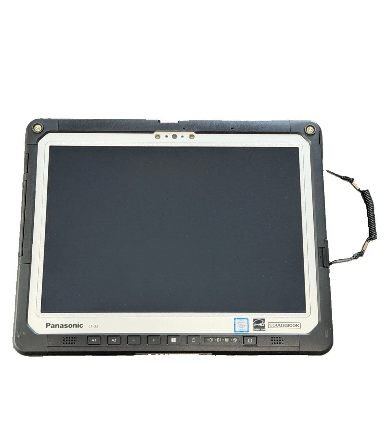 Panasonic Toughbook CF-33 Frontansicht als Tablet freigestellt mit Toughbook-Logo und Intel-Sticker – Rugged Convertible Diagnose-Tablet ODIS V25.3
