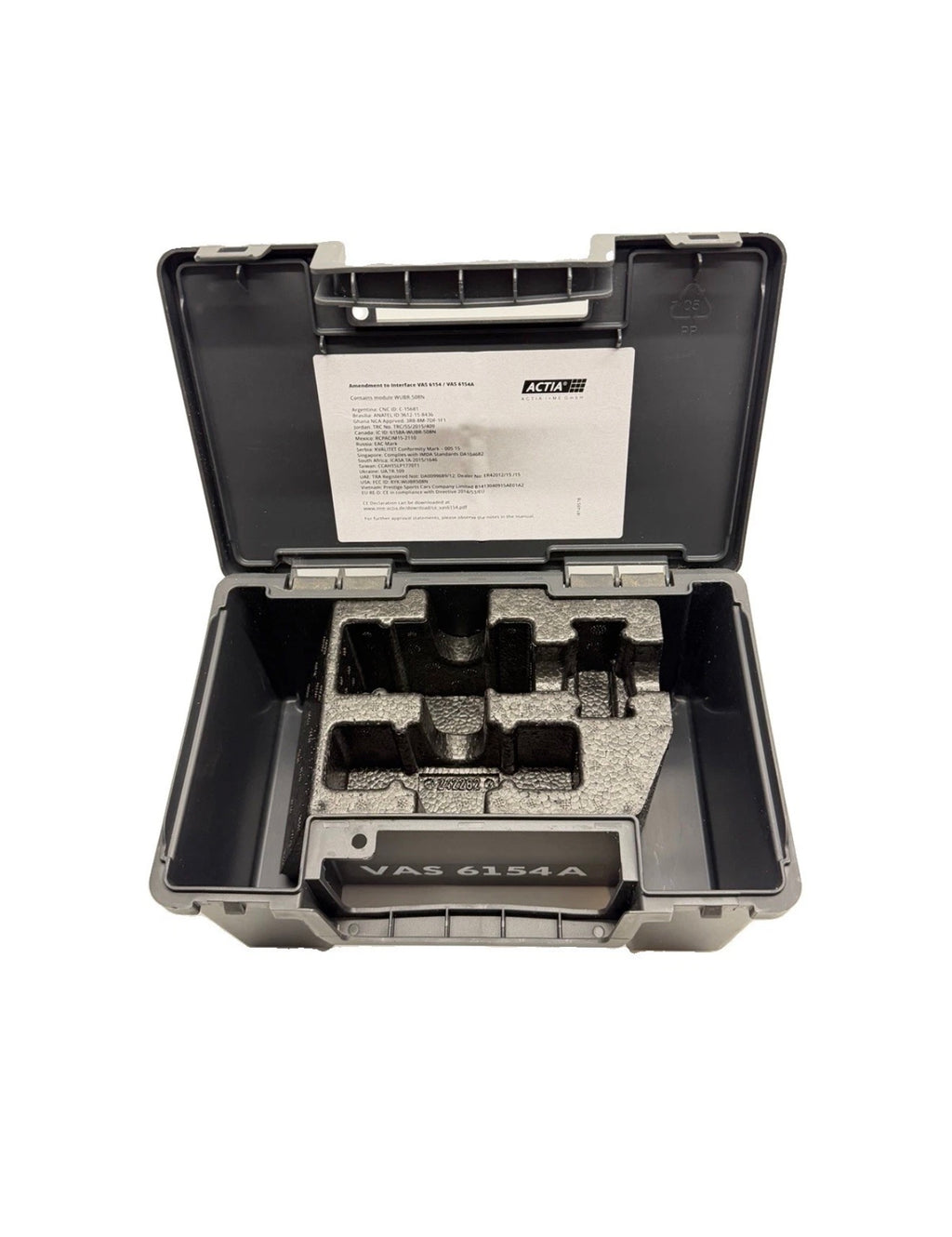 Original VAS 6154A Koffer geöffnet mit Schaumstoffeinsatz und ACTIA-Dokument – Leerkoffer für VAS6154A Diagnoseinterface VW Audi Seat Skoda
