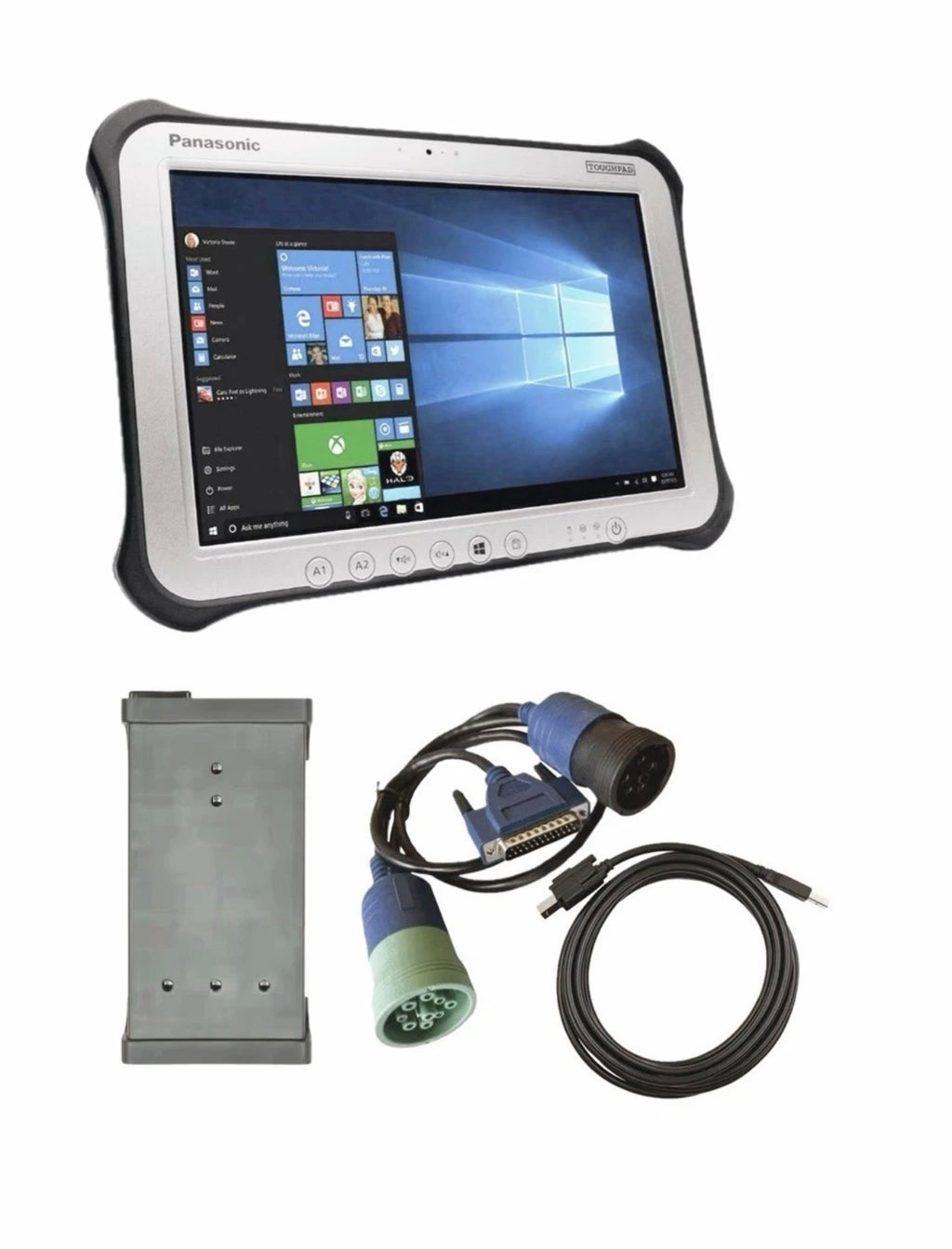 Panasonic Toughpad FZ-G1 mit Windows 10 Desktop freigestellt sowie CNH Diagnoseinterface mit J1939 9-Pol und 6-Pol Adapterkabel – Case New Holland Steyr EST 9.14 Komplettset
