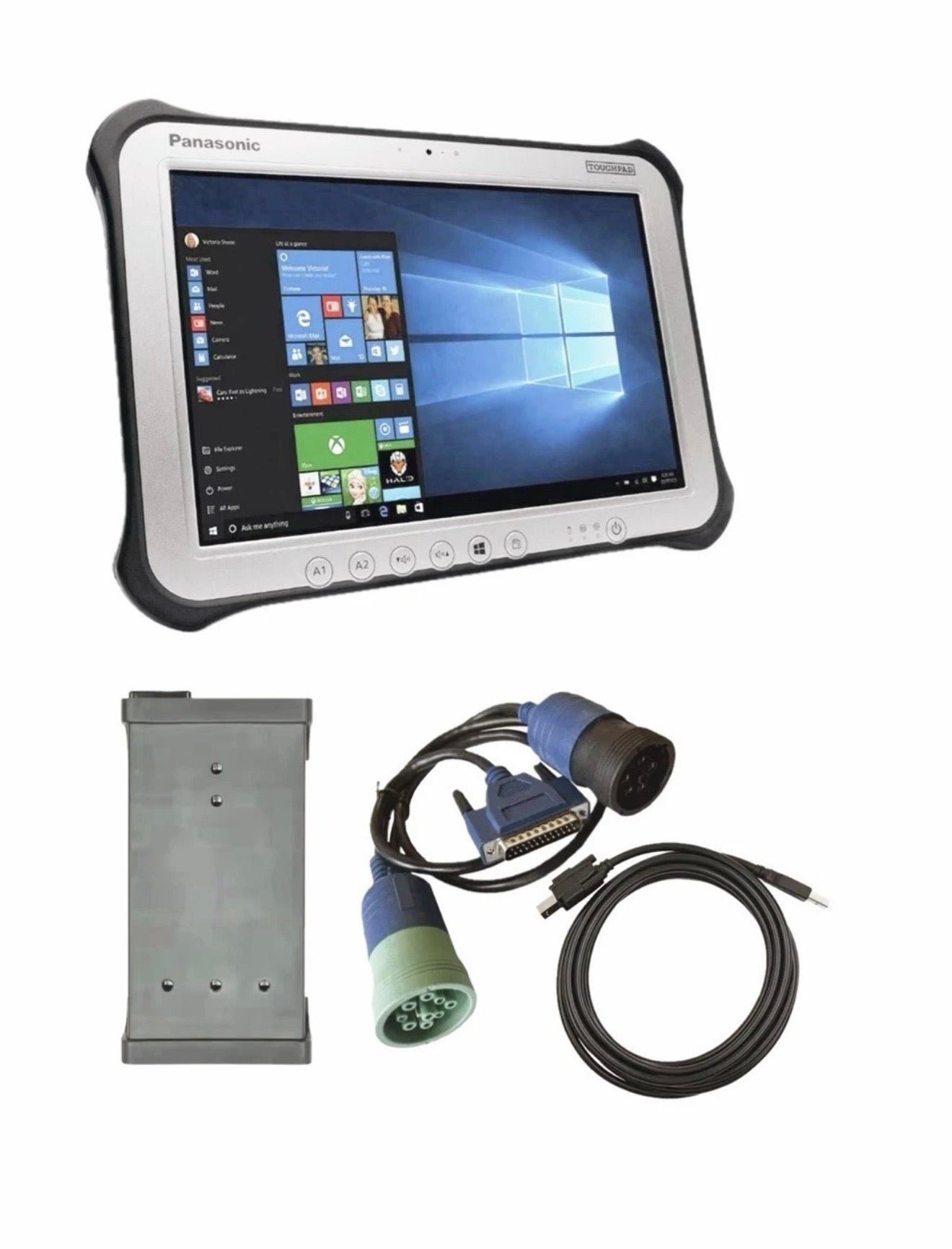 Panasonic Toughpad FZ-G1 mit Windows 10 Desktop freigestellt sowie CNH Diagnoseinterface mit J1939 9-Pol und 6-Pol Adapterkabel – Case New Holland Steyr EST 9.14 Komplettset
