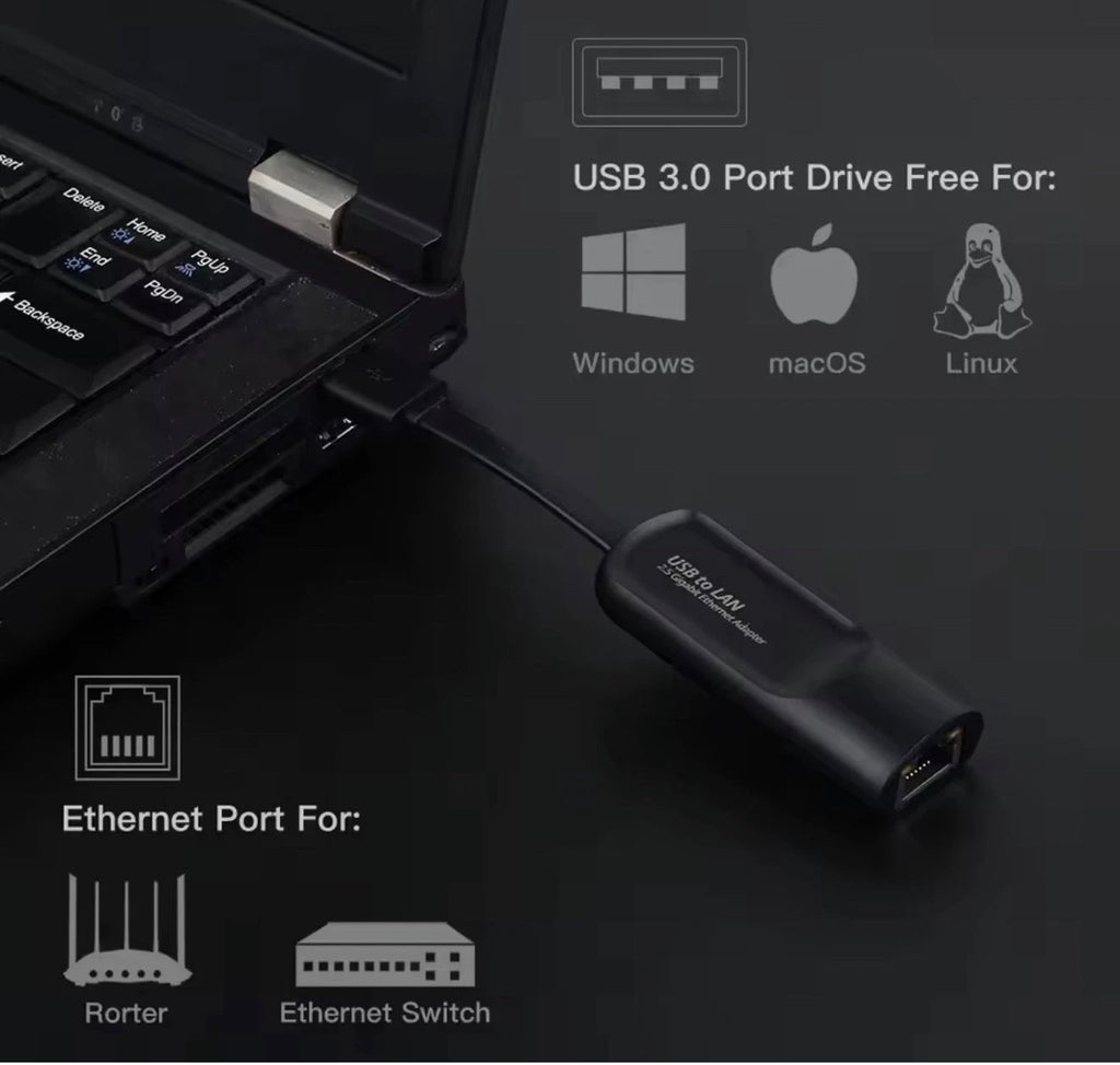 USB Gigabit Ethernet Adapter, 2500 Mbit/s, USB 3.0 Network Card to RJ45 LAN