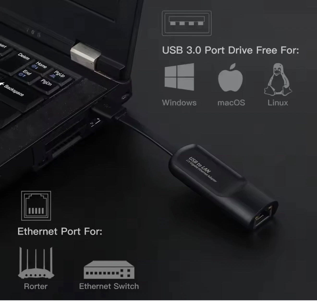 USB Gigabit Ethernet Adapter, 2500 Mbit/s, USB 3.0 Network Card to RJ45 LAN