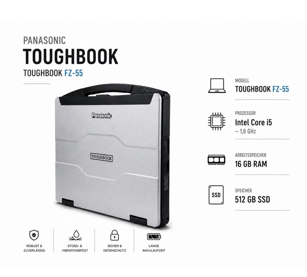 Panasonic Toughbook FZ55 MK1 Schrägansicht freigestellt – 512GB SSD 16GB RAM Intel i5 Semi-Rugged Notebook
